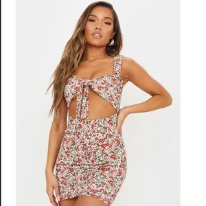 Multi Ditsy Floral Print Tie Front Bodycon Dress